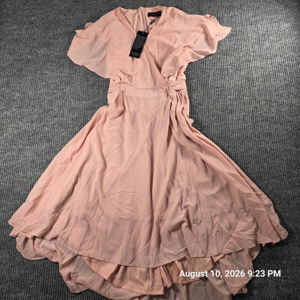 Curlbiuty Pink Chiffon Wrap Dress V-Neck High Low Flutter Sleeve Formal Sz S NEW